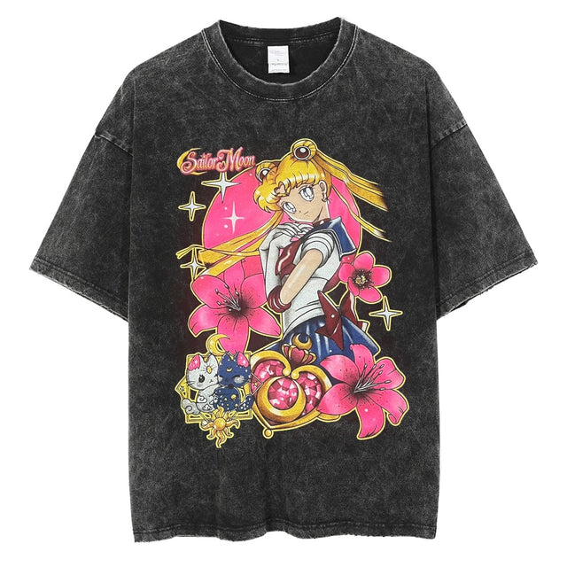 Men Hip Hop Streetwear Black T-Shirt Japanese Anime Sailor Moon Vintage T Shirt Summer Harajuku Cotton Tshirt Short Sleeve Tops, everythinganimee