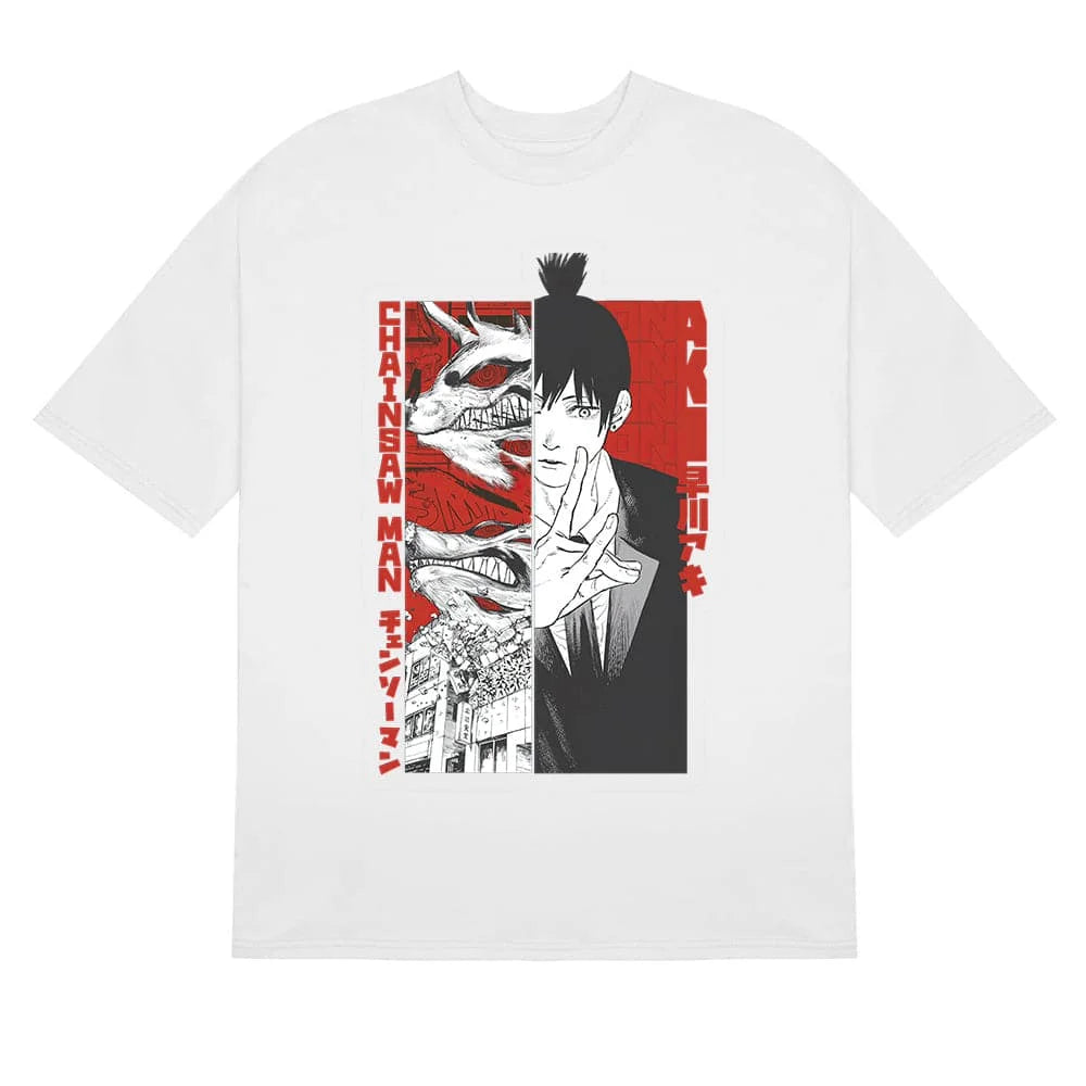 Here at Everythinganimee we have the best anime shirts in the world.
Dive into the world of Chainsaw Man with this intense Aki Split tee, featuring the iconic character Aki in a dynamic split design. With his serious expression and devilish imagery.