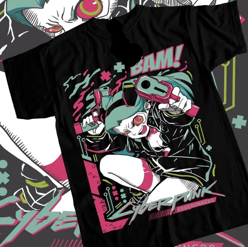 Here at Everythinganimee we have the best anime shirts in the world. 
Dive into the chaotic world of Cyberpunk Edgerunners with this vibrant tee. 