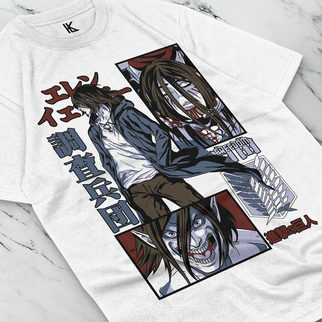 Immerse yourself in this striking Eren Tee, perfect for anime fans. Looking for more Attack on Titan merch? Explore our full collection of anime merch now!