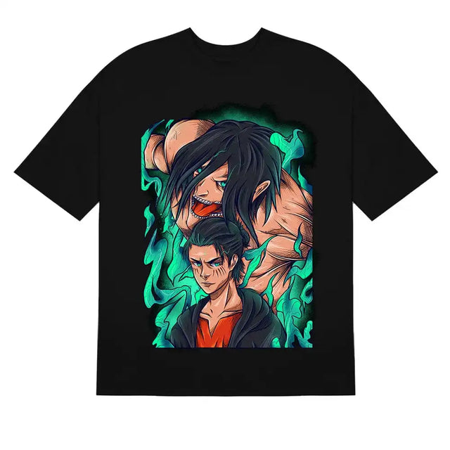 Here at Everythinganimee we have the best anime shirts in the world.
Embrace the power of Eren Yeager with this epic Attack on Titan tee. Showcasing Eren in both his human and Titan forms, the vivid artwork features striking green energy to capture his fierce transformation.