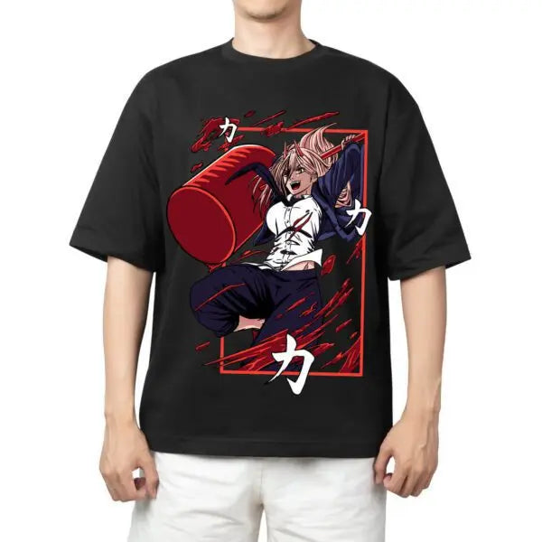 Here at Everythinganimee we have the best anime shirts in the world.
Unleash your inner chaos with the Power Hammer Smash Tee, featuring the fierce and unpredictable Power from Chainsaw Man. This dynamic design showcases Power mid-action, wielding her signature hammer with wild energy.