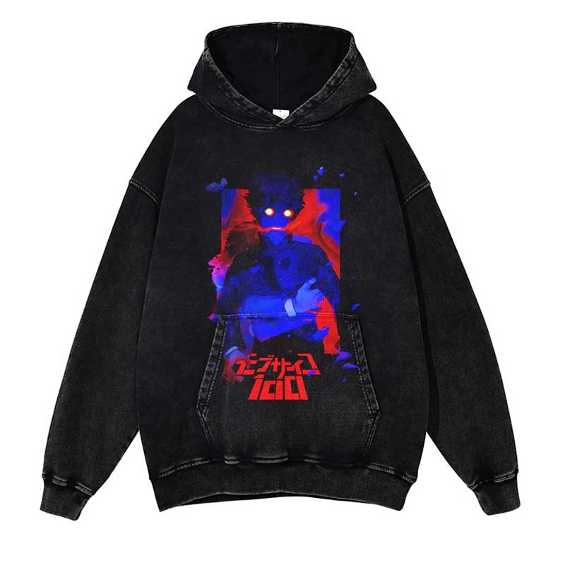 Mob Psycho 100 Washed Black Streetwear Cotton Vintage Hoodie