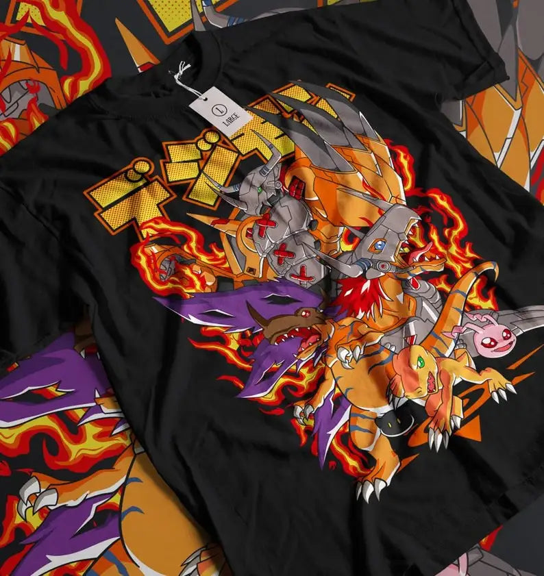 Here at Everythinganimee we have the best anime shirts in the world. 
Dive into the digital world with the Digivolution Fire Power Tee, showcasing the epic evolution of your favorite Digimon characters.