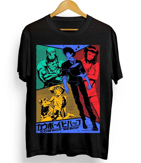 Here at Everythinganimee we have the best anime shirts in the world.
Embark on intergalactic adventures with this vibrant Cowboy Bebop tee, showcasing the iconic bounty hunters in a stunning pop-art style. Perfect for fans who admire the mix of space-western action and jazz-infused storytelling.