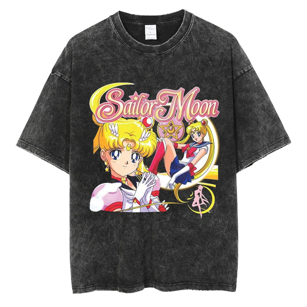 Men Hip Hop Streetwear Black T-Shirt Japanese Anime Sailor Moon Vintage T Shirt Summer Harajuku Cotton Tshirt Short Sleeve Tops, everythinganimee