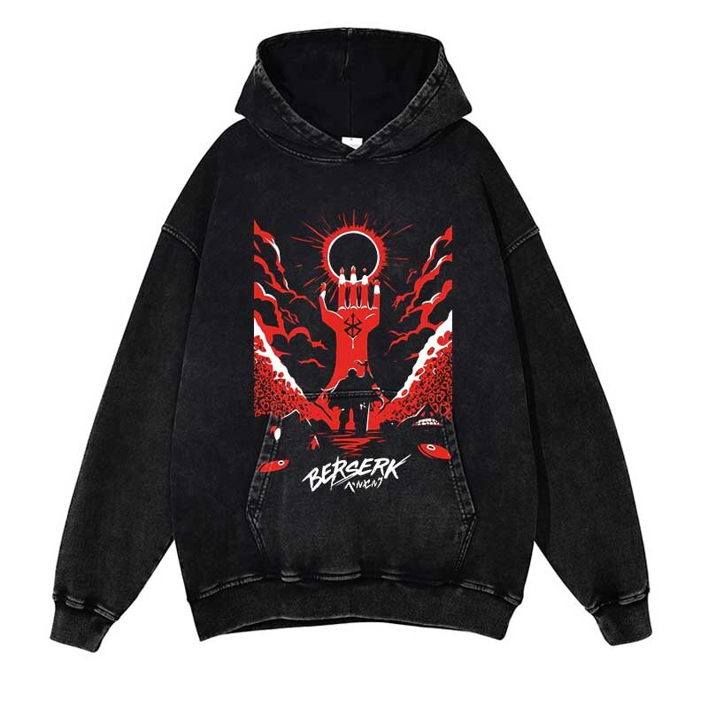 Berserk Washed Black Streetwear Cotton Vintage Hoodie