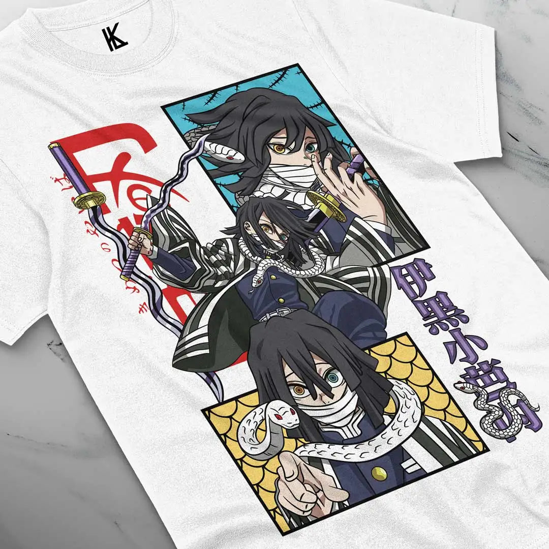 Immerse yourself in this striking Obanai Tee, perfect for anime fans. Looking for more Demon Slayer merch? Explore our full collection of anime merch now!