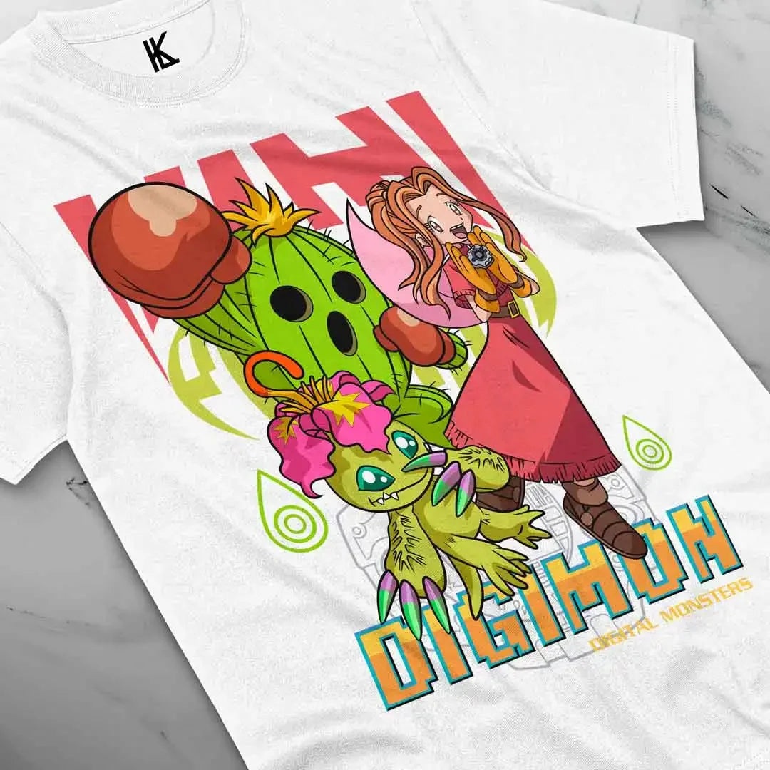 Here at Everythinganimee we have the best anime shirts in the world.
Dive into the digital world with this vibrant tee featuring Mimi and her loyal Digimon partner, Palmon. The eye-catching design brings the charm of Digimon Adventure to life, showcasing their bond and courage.