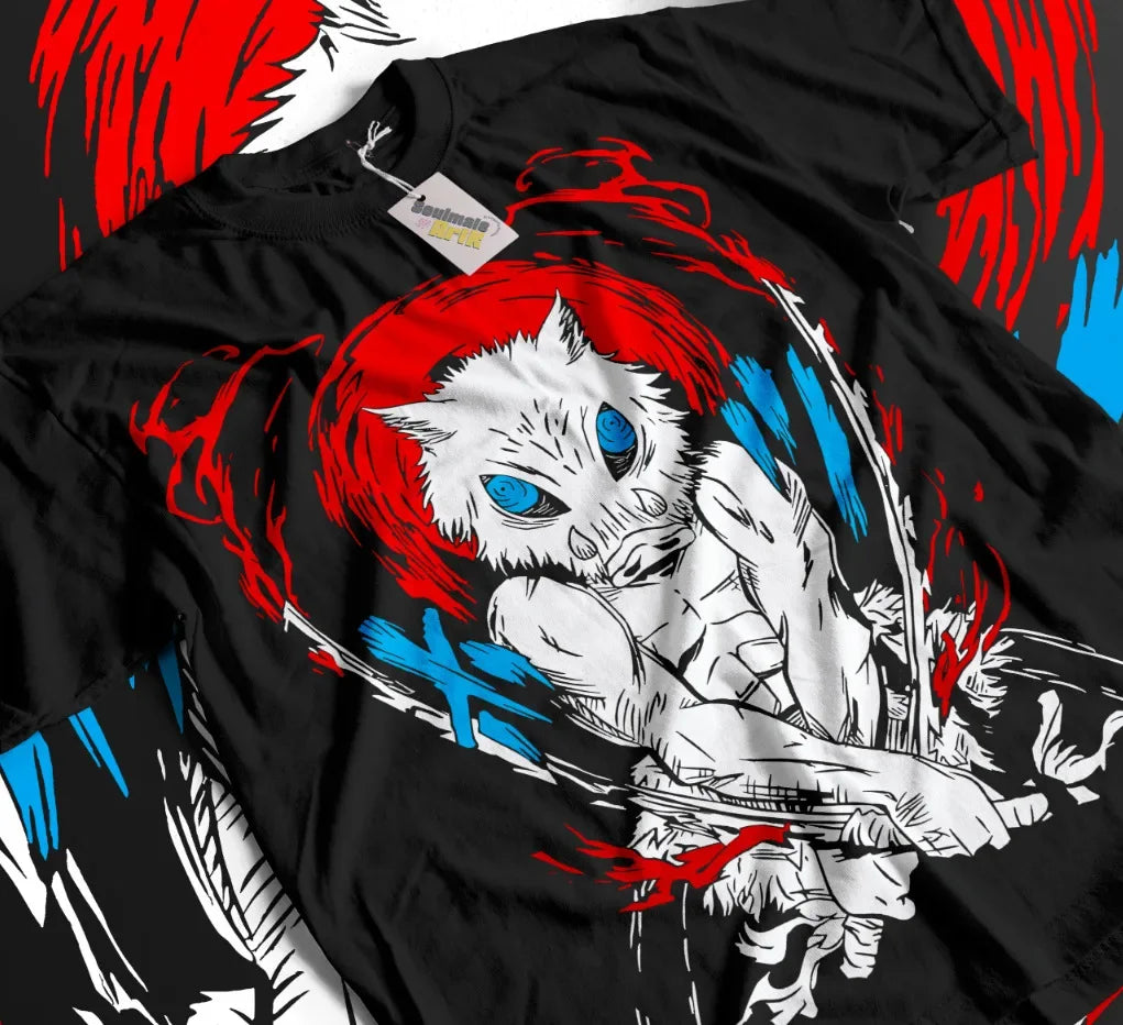 Here at Everythinganimee we have the best anime shirts in the world. embrace the wild spirit of Inosuke Hashibira with this striking Demon Slayer t-shirt, capturing his fierce boar mask and dual-wielding swords. 