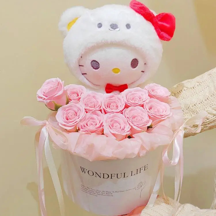 Cherish the kawaii Hello Kitty Cinnamoroll Plush Rose Bouquet, perfect for gifting. Soft, premium quality for special occasions and Hello Kitty fans