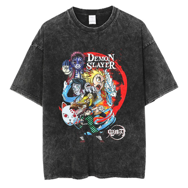 Demon Slayer T Shirt 100%Cotton Anime Kimetsu No Yaiba Washed Tshirt Men Women Vintage Black Tops Summer Manga Casual Tees, everythinganimee