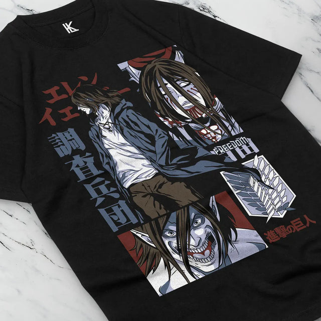 Immerse yourself in this striking Eren Tee, perfect for anime fans. Looking for more Attack on Titan merch? Explore our full collection of anime merch now!