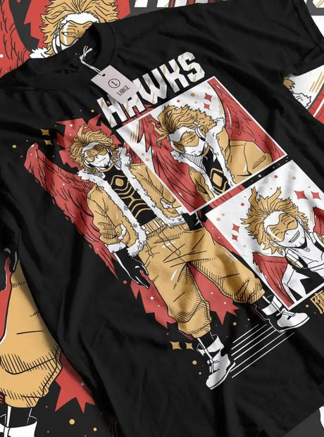 Here at Everythinganimee we only have the best shirts in the world! Dive into the world of My Hero Academia with this bold Hawks Style Tee, showcasing Keigo Takami in his iconic hero attire. 