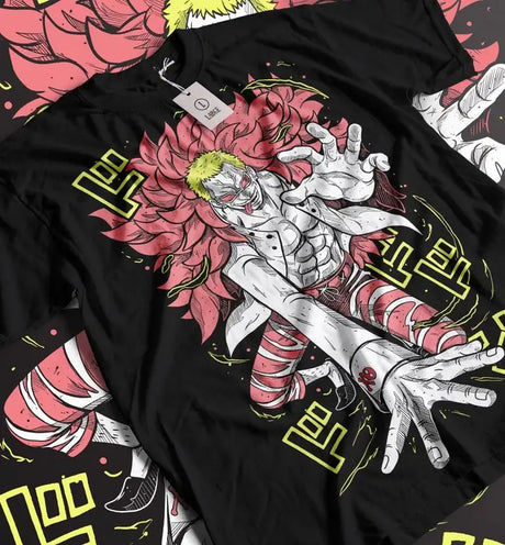 This tee features a striking print of  Doflamingo , capturing an intense aura of the fan-favorite character.  If you are looking for more One Piece Merch, We have it all! | Check out all our Anime Merch now!