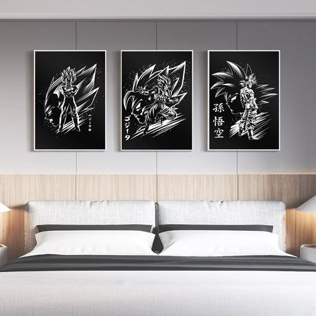 3 Pieces Anime Dragon Ball Z Black White Goku/vegeta/vegetto Canvas Paintings Poster Bedroom Decoration Wall Art Painting, everythinganimee