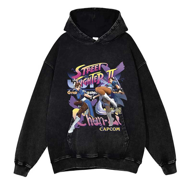 Anime Girl Washed Black Streetwear Cotton Vintage Hoodie