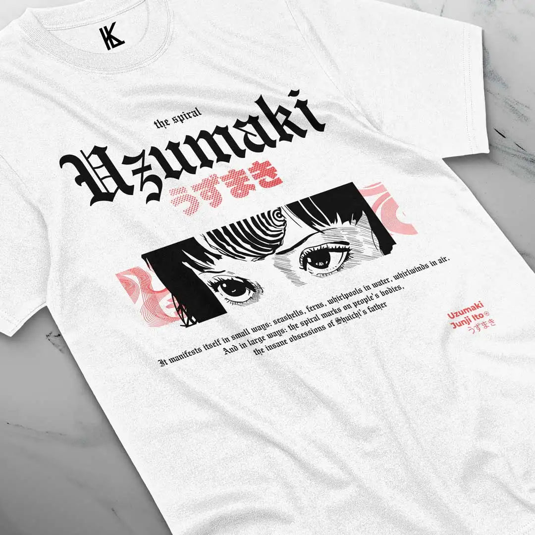 Here at Everythinganimee we have the best anime shirts in the world.
Dive into the eerie world of Uzumaki with this striking tee. Featuring the haunting spiral obsession and chilling artwork from Junji Ito’s horror classic.