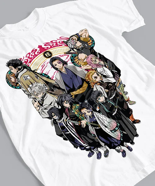 Here at Everythinganimee we have the best anime shirts in the world.
Join the ranks of the Hashira with this incredible Demon Slayer tee. Showcasing the powerful group of Pillars in stunning detail, this shirt is perfect for any fan looking to represent their favorite warriors in style.