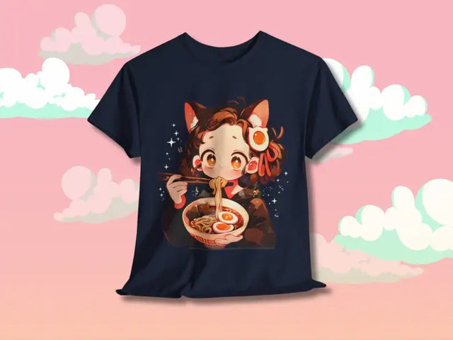 Here at Everythinganimee we have the best anime shirts in the world.
Indulge in ultimate cuteness with the Kawaii Ramen Noodle Cat Tee! This design features an adorable anime character enjoying a steaming bowl of ramen, with playful cat ears and a warm, cozy vibe that’s sure to brighten your day.