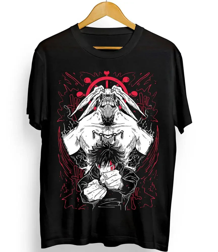 Here at Everythinganimee we only have the best shirts in the world! Dive into the dark world of Jujutsu Kaisen with the Megumi & Mahoraga Tee, featuring the intense and powerful duo of Megumi Fushiguro and his shikigami, Mahoraga. This striking design captures the ferocity of Mahoraga’s presence alongside Megumi’s determined resolve