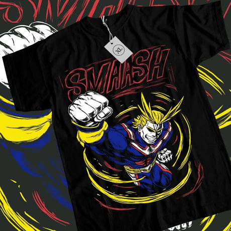 Here at Everythinganimee we have the best anime shirts in the world. 
Unleash your inner hero with the SMASH All Might Tee, featuring the iconic symbol of peace from My Hero Academia.