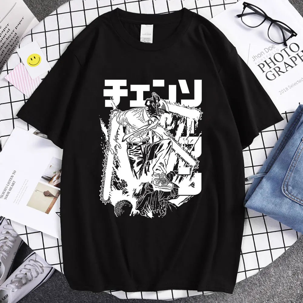 Chainsaw Man Denji Manga T-ShirtUnleash the power of Chainsaw Man with this bold Denji Manga T-Shirt. Featuring dynamic black-and-white artwork straight from the manga, this tee captures the raw energy and intensity of Denji in action.