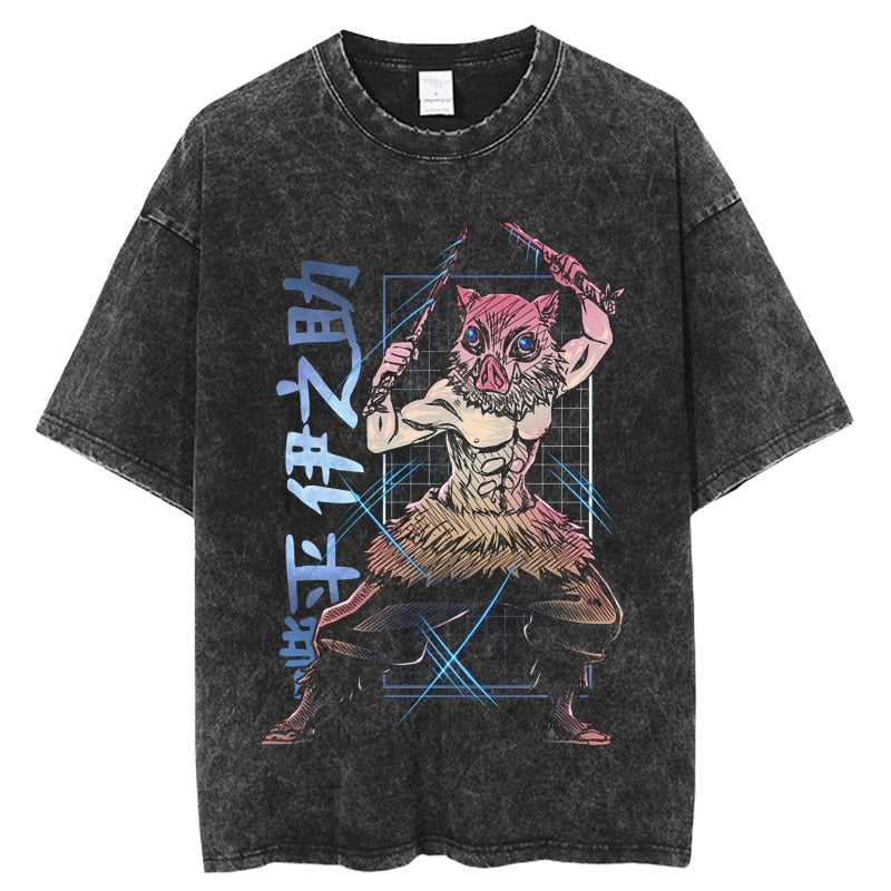 Anime Kimetsu no Yaiba Demon Slayer Washed Tshirts Men Women Inosuke Manga Print Tops Tees for Summer Gothic HarajukuStreetwear Everythinganimee, anime merch, anime gear, anime, anime stuff, buy anime, Manga Otaku Cosplay Japan Animation Shonen Shoujo Seinen Shojo Mecha Fandom Subtitle Dubbed Fanart MyAnimeList MangaStream Studio Ghibli