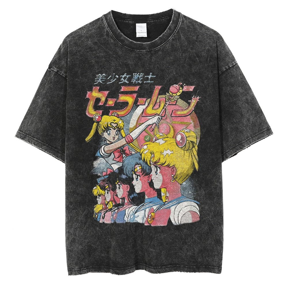 Men Hip Hop Streetwear Black T-Shirt Japanese Anime Sailor Moon Vintage T Shirt Summer Harajuku Cotton Tshirt Short Sleeve Tops, everythinganimee