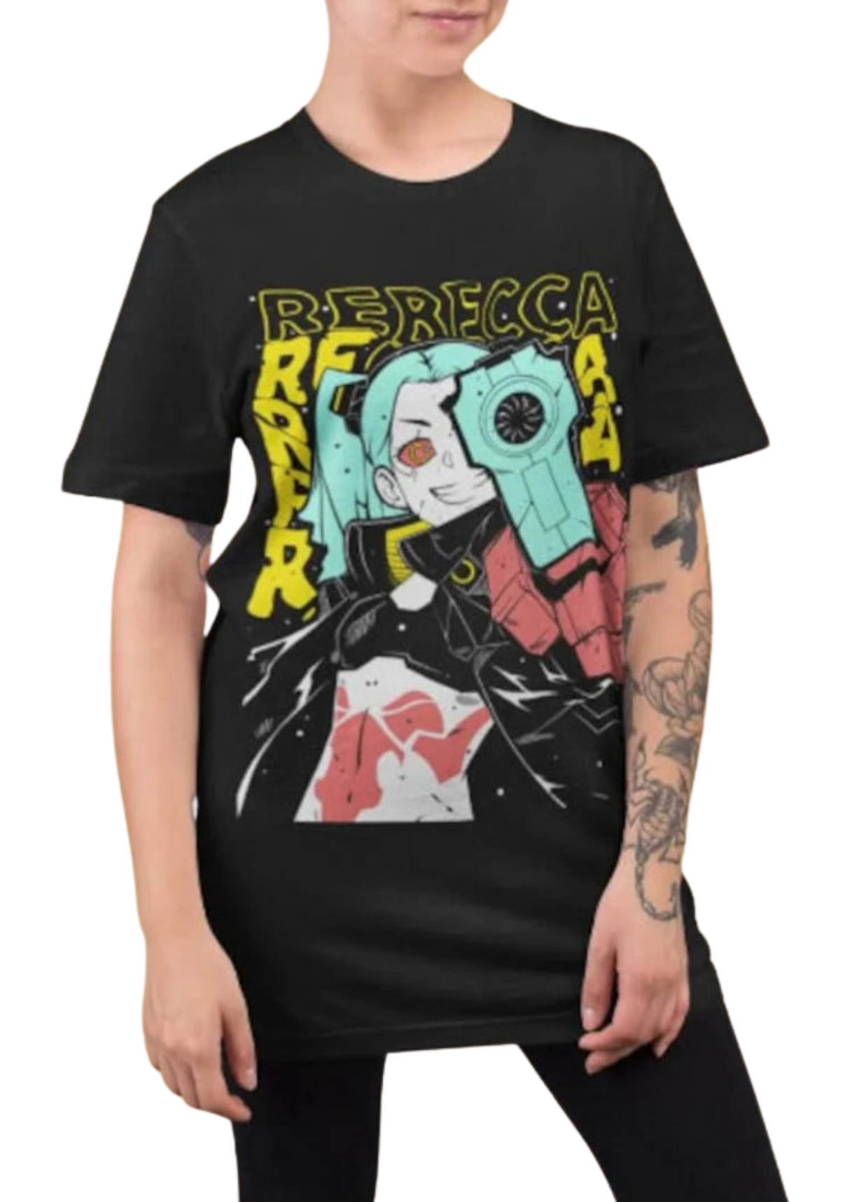 This shirt features the vibrant character Rebecca from Cyberpunk: Edgerunners, perfect for fans.  If you are looking for more Cyberpunk Merch, We have it all! | Check out all our Anime Merch now!