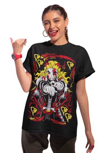 This shirt features a striking Kyojuro Rengoku theme, perfect for Demon Slayer fans. | If you are looking for more Demon Slayer Merch, We have it all! | Check out all our Anime Merch now!