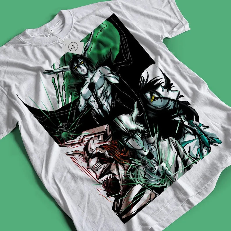 Here at Everythinganimee we only have the best shirts in the world! Dive into the intense world of Bleach with the Ultimate Forms Tee, showcasing your favorite characters in their most powerful transformations. This tee captures the raw energy and fierce power of the series with striking artwork that brings each character's ultimate form to life, perfect for any die-hard Bleach fan. 