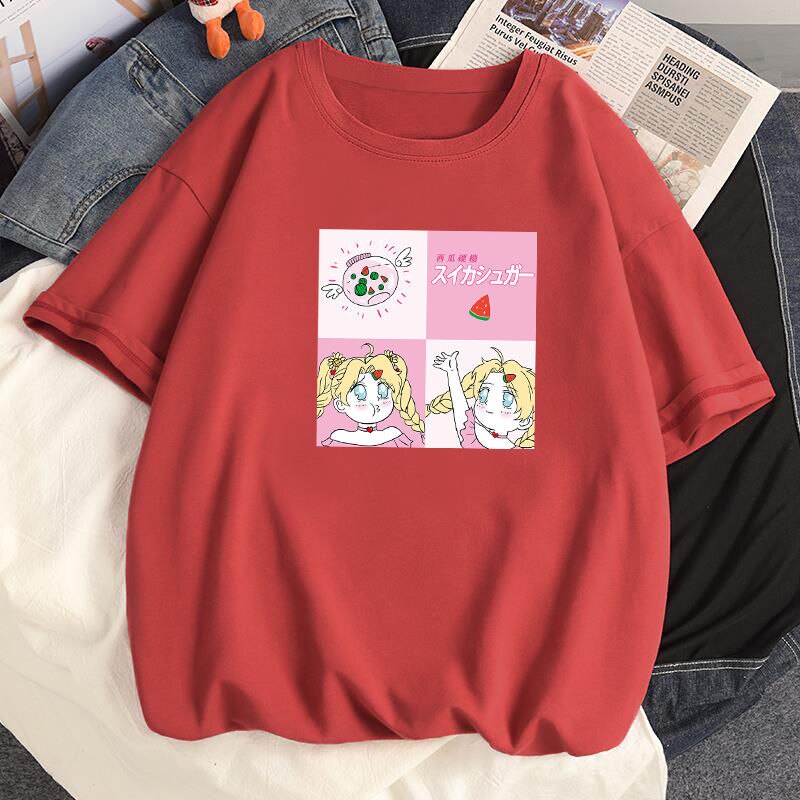 100% Cotton Summer Harajuku Women T-shirts Anime Sailor Moon Pattern Casual Tee Shirts Short Sleeved Loose White T shirt Tops, everythinganimee