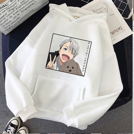 Japanese Anime Yuri on Ice Printed Women Hoodies Funny Victor Nikiforov Manga Graphic Casual Loose Pullover Sweatshirt Unisex, everything animee