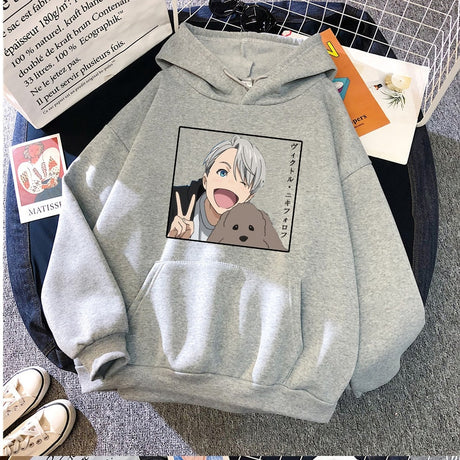 Japanese Anime Yuri on Ice Printed Women Hoodies Funny Victor Nikiforov Manga Graphic Casual Loose Pullover Sweatshirt Unisex, everything animee