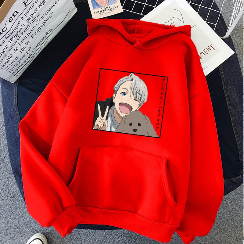 Japanese Anime Yuri on Ice Printed Women Hoodies Funny Victor Nikiforov Manga Graphic Casual Loose Pullover Sweatshirt Unisex, everything animee