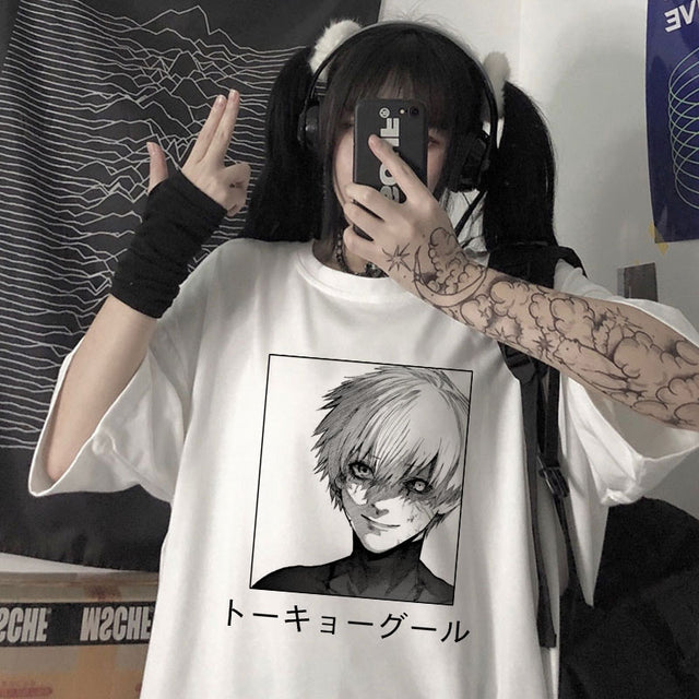 Oversized T-Shirt Men Women Cartoon Hot Japanese Anime Tokyo Ghoul Kaneki Ken Graphic Fashion Unisex Tshirt Summer Top female, everything animee