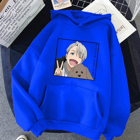 Japanese Anime Yuri on Ice Printed Women Hoodies Funny Victor Nikiforov Manga Graphic Casual Loose Pullover Sweatshirt Unisex, everything animee