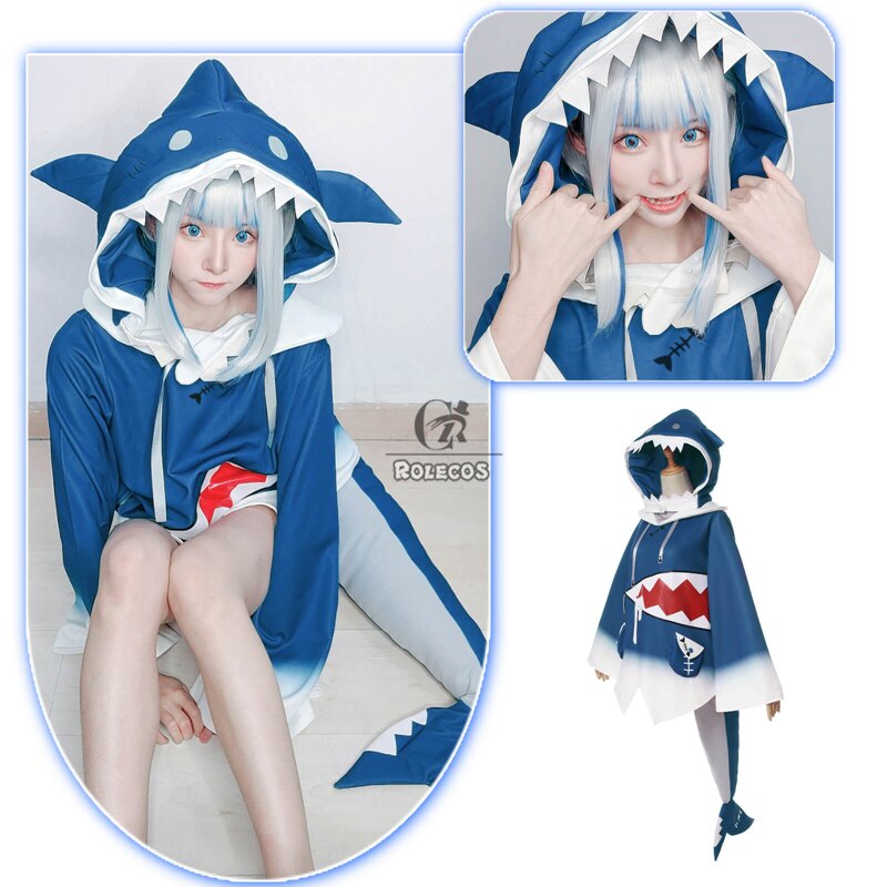 ROLECOS Hololive Gawr Gura Cosplay Costume ENG Shark Costume for Women Halloween Youtuber Cosplay Full Set Tail, everythinganimee