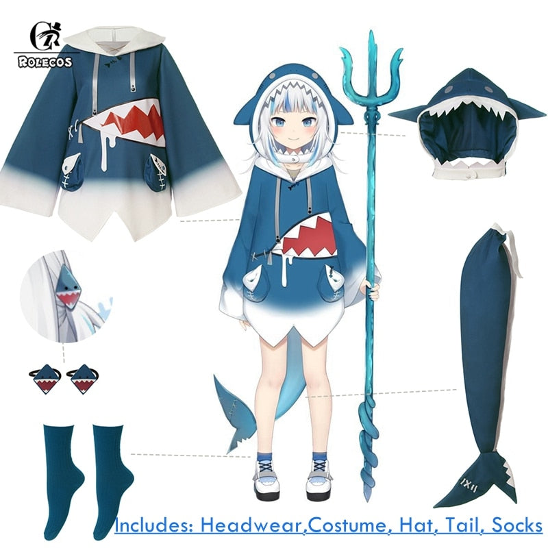 ROLECOS Hololive Gawr Gura Cosplay Costume ENG Shark Costume for Women Halloween Youtuber Cosplay Full Set Tail, everythinganimee
