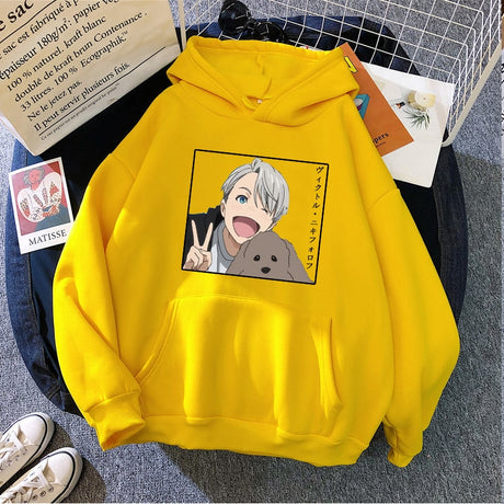 Japanese Anime Yuri on Ice Printed Women Hoodies Funny Victor Nikiforov Manga Graphic Casual Loose Pullover Sweatshirt Unisex, everything animee