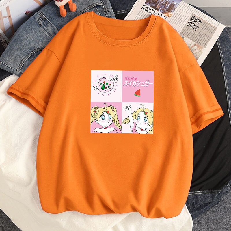 100% Cotton Summer Harajuku Women T-shirts Anime Sailor Moon Pattern Casual Tee Shirts Short Sleeved Loose White T shirt Tops, everythinganimee