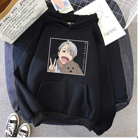 Japanese Anime Yuri on Ice Printed Women Hoodies Funny Victor Nikiforov Manga Graphic Casual Loose Pullover Sweatshirt Unisex, everything animee