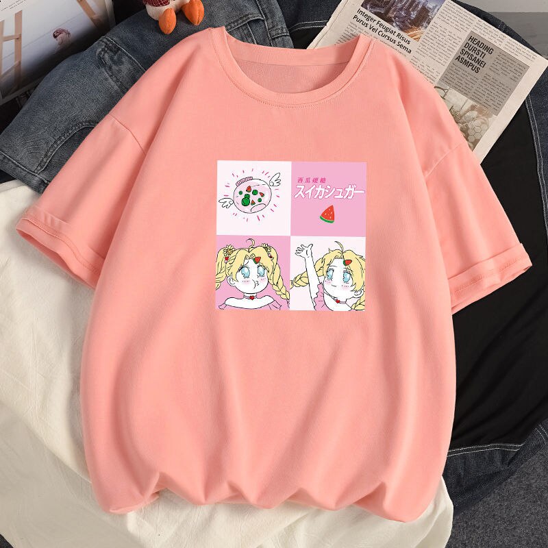 100% Cotton Summer Harajuku Women T-shirts Anime Sailor Moon Pattern Casual Tee Shirts Short Sleeved Loose White T shirt Tops, everythinganimee