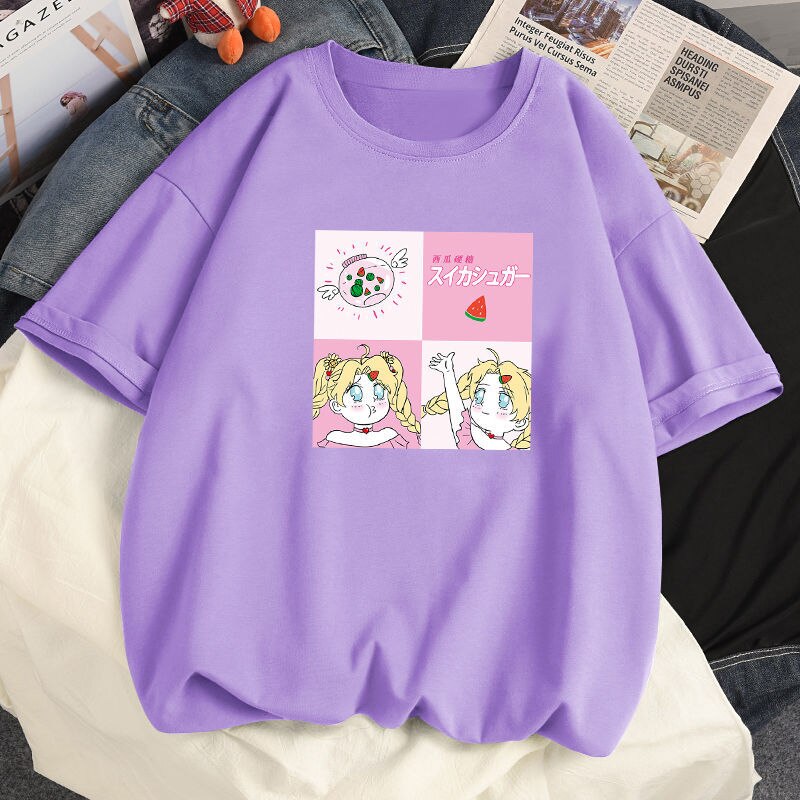 100% Cotton Summer Harajuku Women T-shirts Anime Sailor Moon Pattern Casual Tee Shirts Short Sleeved Loose White T shirt Tops, everythinganimee