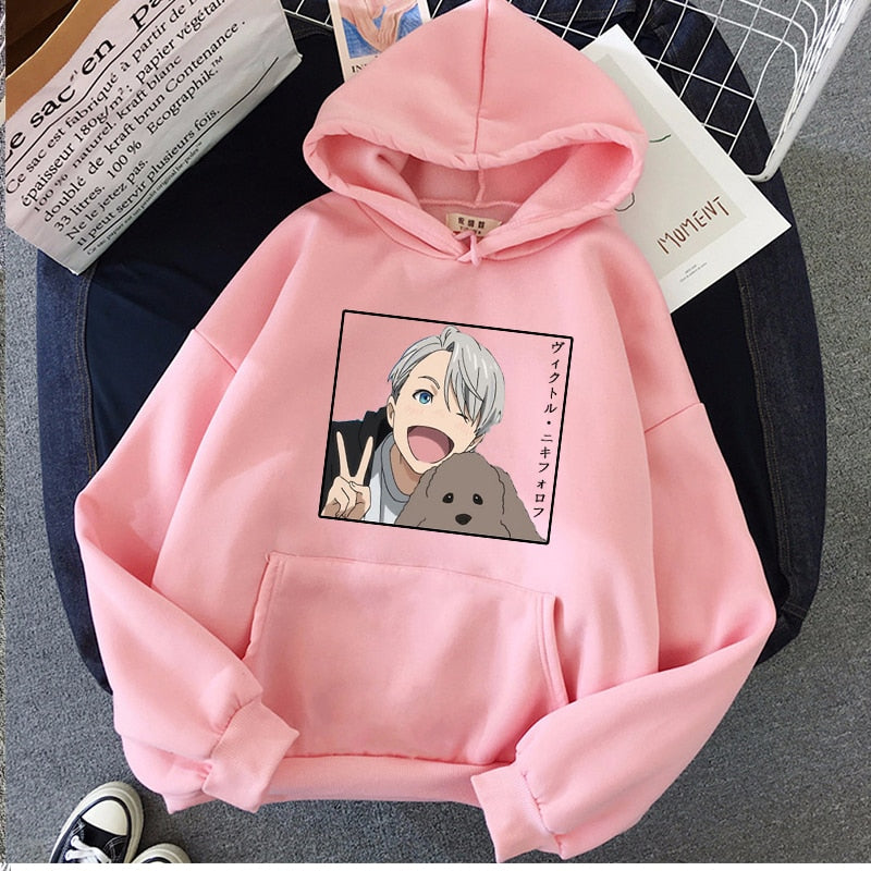 Japanese Anime Yuri on Ice Printed Women Hoodies Funny Victor Nikiforov Manga Graphic Casual Loose Pullover Sweatshirt Unisex, everything animee