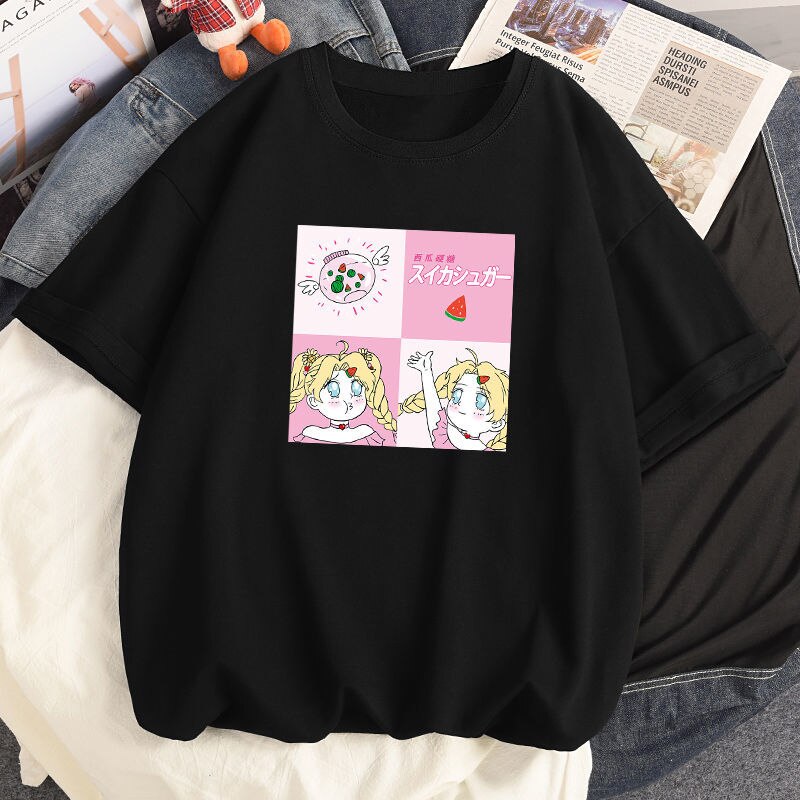 100% Cotton Summer Harajuku Women T-shirts Anime Sailor Moon Pattern Casual Tee Shirts Short Sleeved Loose White T shirt Tops, everythinganimee