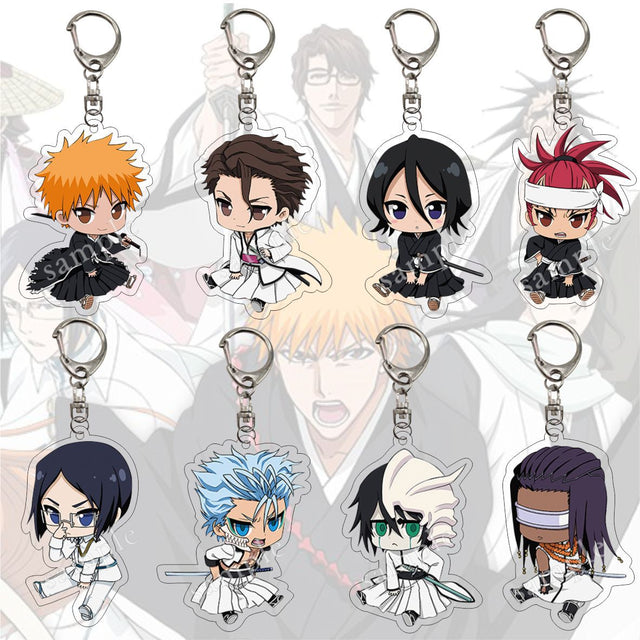 Anime Bleach Acrylic Keychain Fashion Kurosaki Ichigo Ishida Uryuu Kuchiki Rukia Cartoon Figures Key Chain Bag Charm Accessories