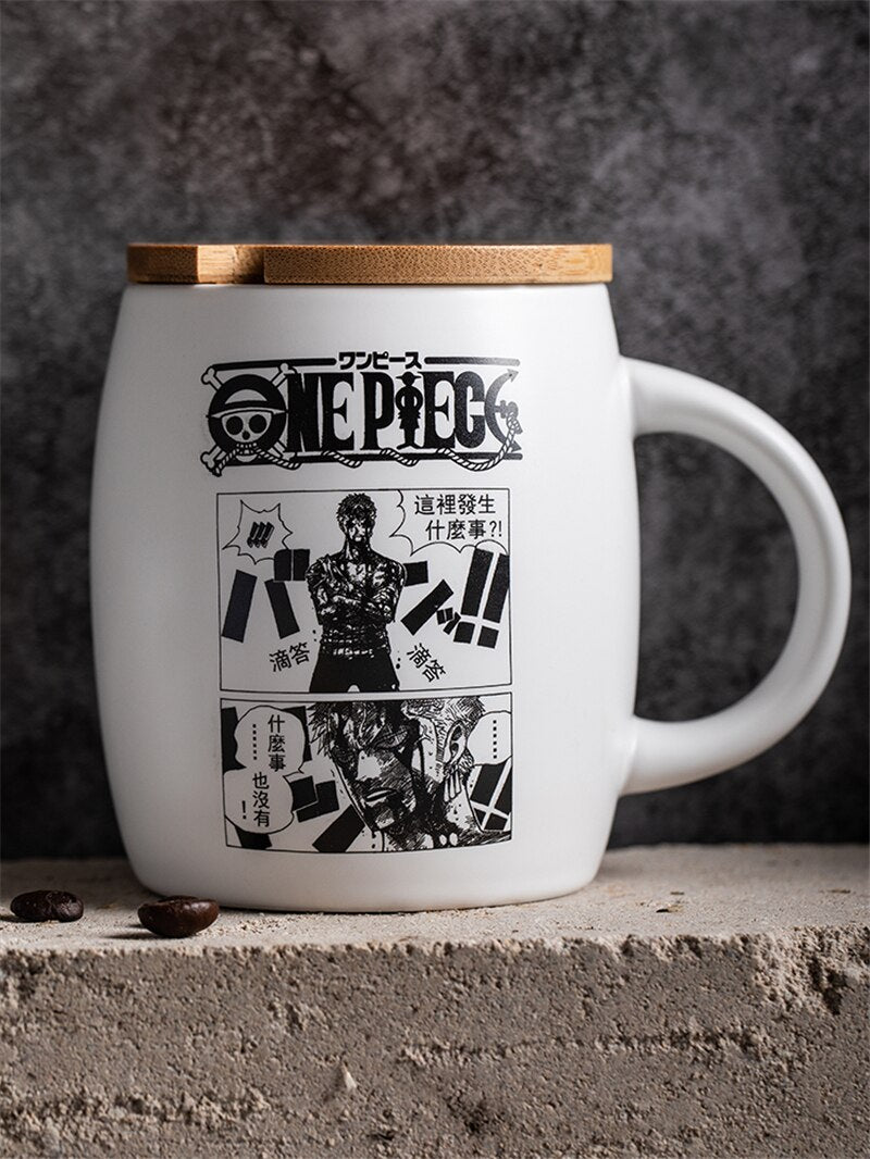 Anime ONE PIECE Coffee Mug Ceramic Skull Cartoon Mugs Cup Set Cup with Cover and Spoon Girls Boys Birthday Christmas Gift, everythinganimee