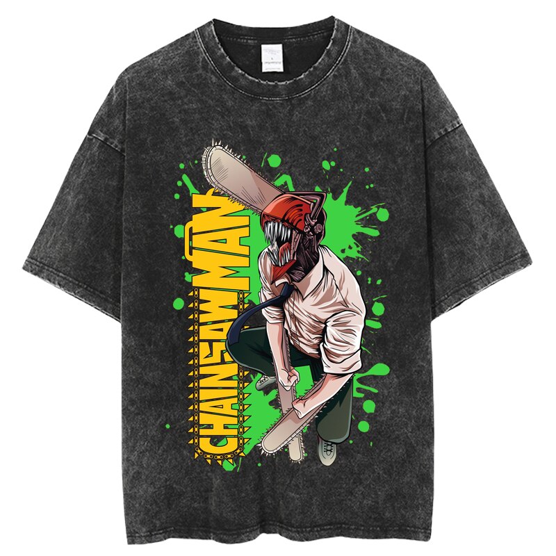 Retro Washed T-Shirt Anime Chainsaw Man T Shirt Cotton Summer Short Sleeve Tshirt Men Woman Harajuku Casual Hip Hop Streetwear, everythinganimee